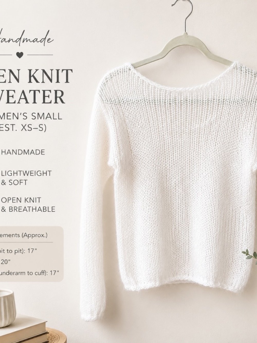 Handmade White Open Knit Sweater Women’s Small Mohair Style Lightweight